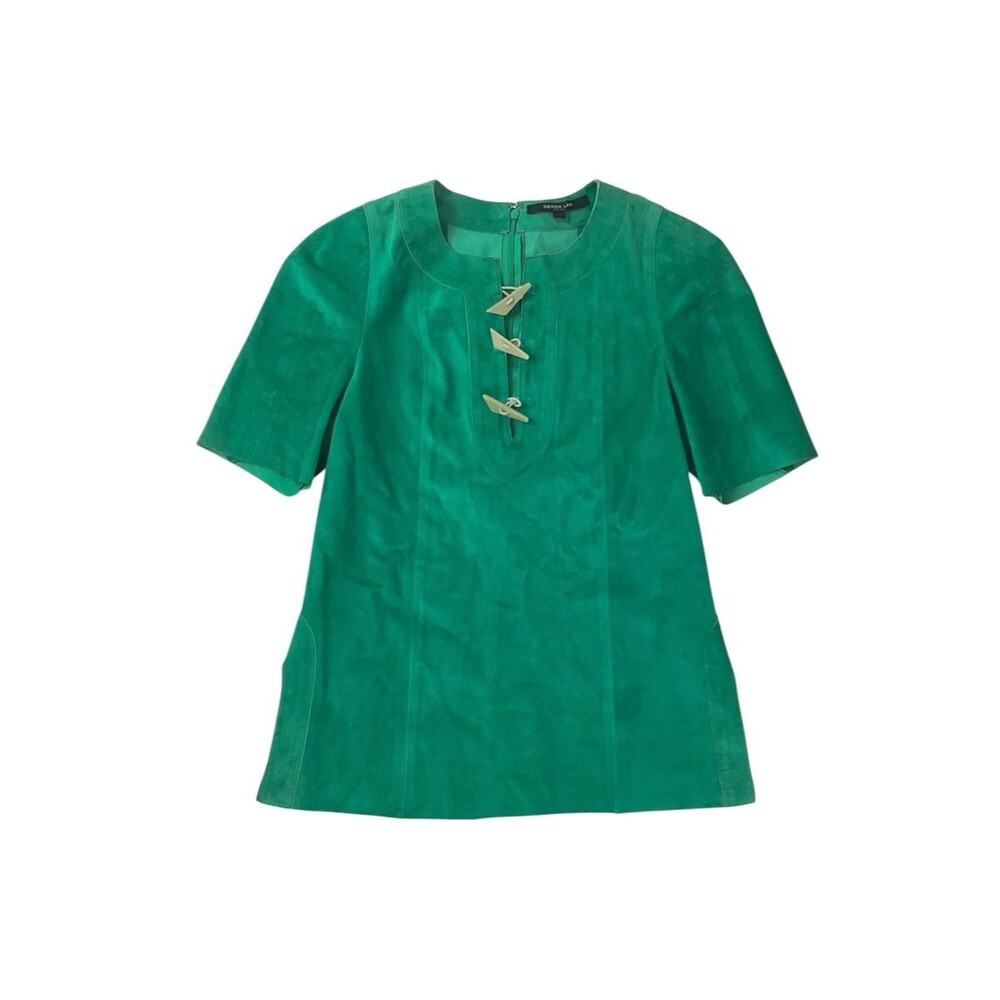 Derek Lam Suede Tunic Blouse US 6 Jade Green Toggle Button Short Sleeve USA